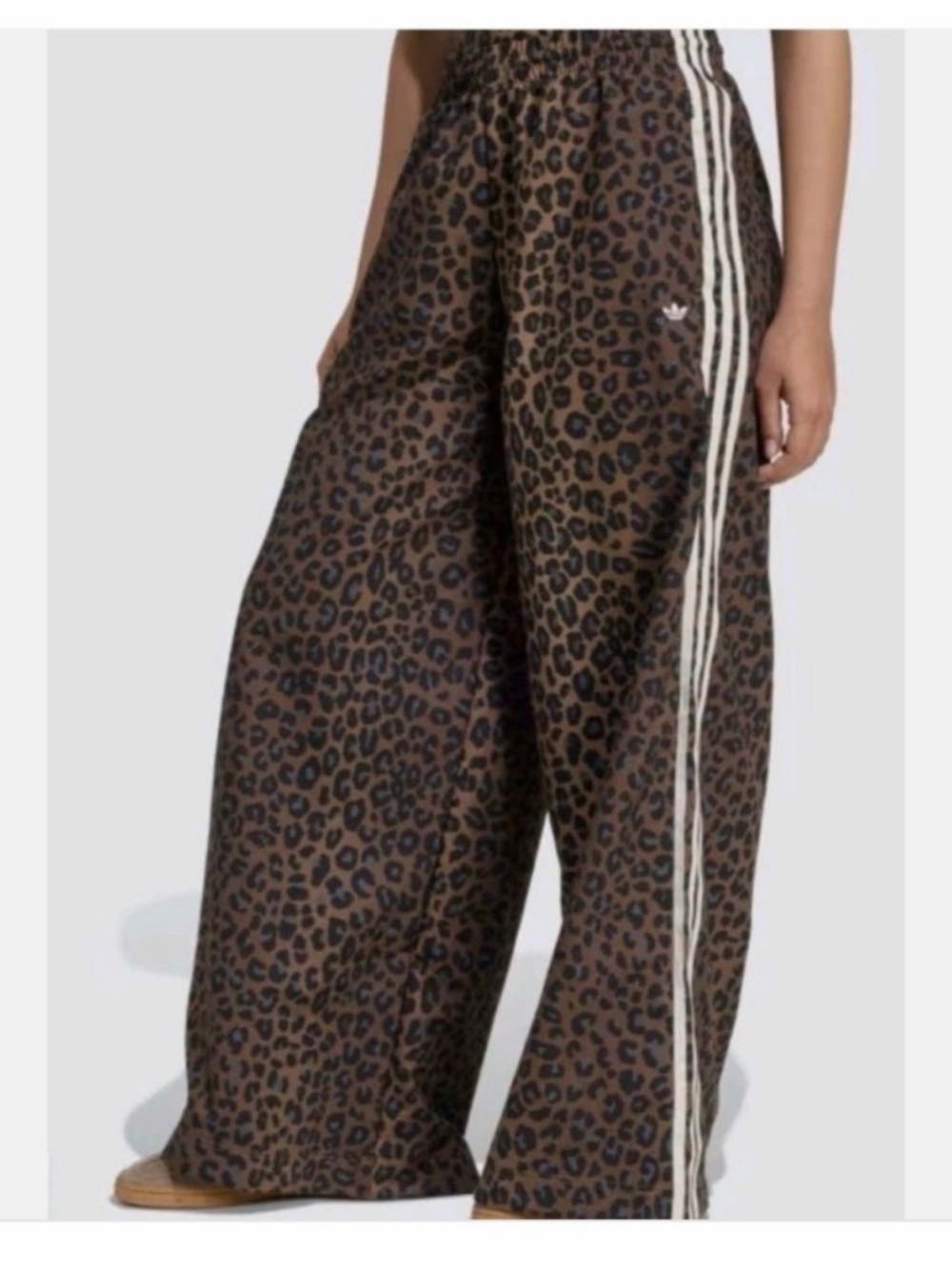 adidas Originals Brown Leopard Print Wide-Leg Track Pants with White Stripes
